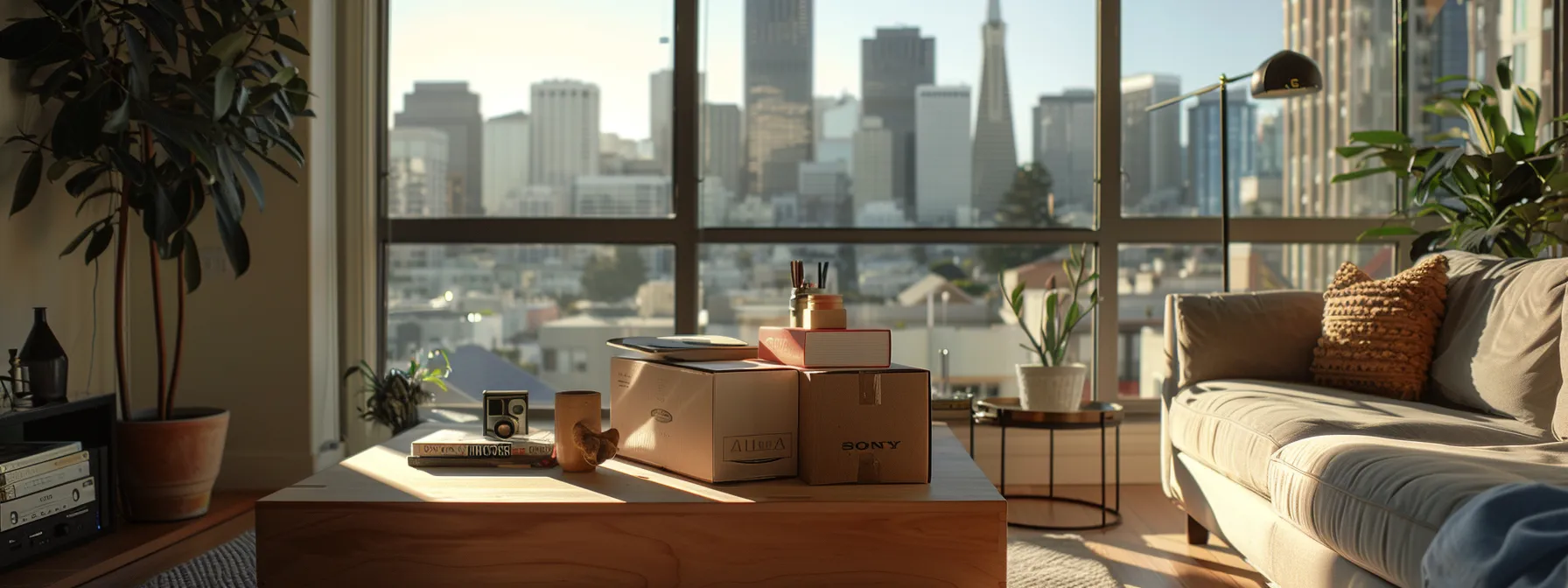 unpacking boxes in a cozy san francisco living room with a view of the city skyline through large windows. unpacking boxes in a cozy san francisco living room with a view of the city skyline through large windows.