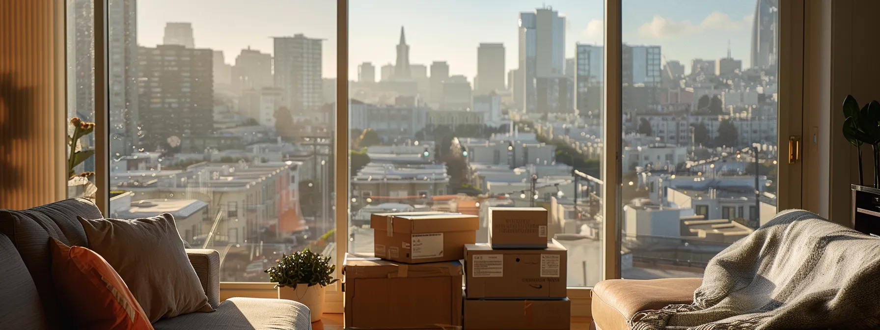 unpacking boxes in a cozy san francisco apartment with a view of the bustling city skyline.