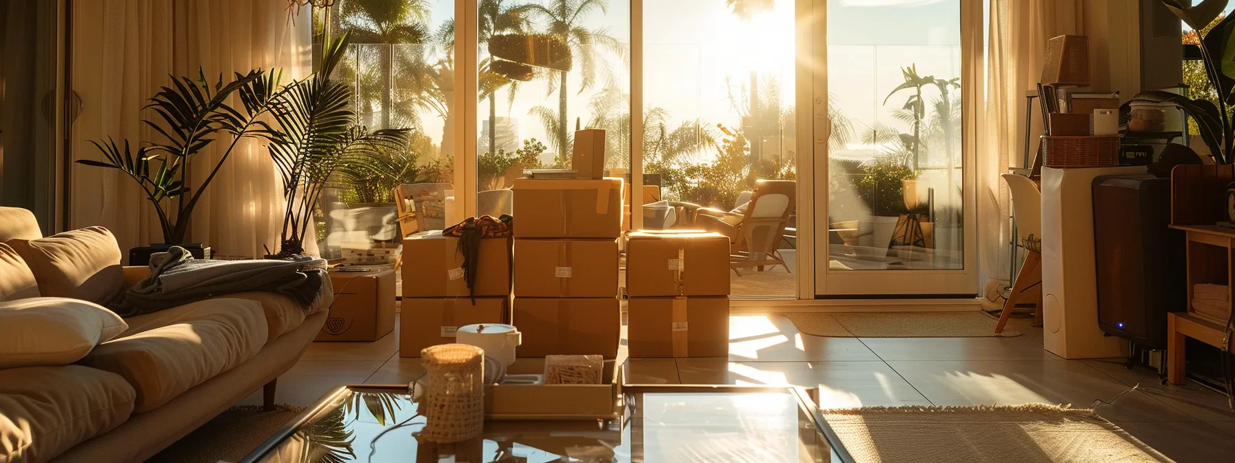 unpacking boxes in a sunlit living room with a view of palm trees, showcasing the process of settling into a new home in orange county. unpacking boxes in a sunlit living room with a view of palm trees, showcasing the process of settling into a new home in orange county.