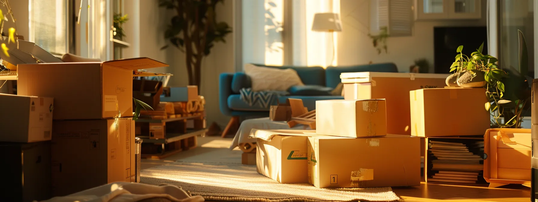 unpacking boxes in a sunlit living room with scattered packing materials and moving boxes, contributing to an organized and cozy new home environment. unpacking boxes in a sunlit living room with scattered packing materials and moving boxes, contributing to an organized and cozy new home environment.