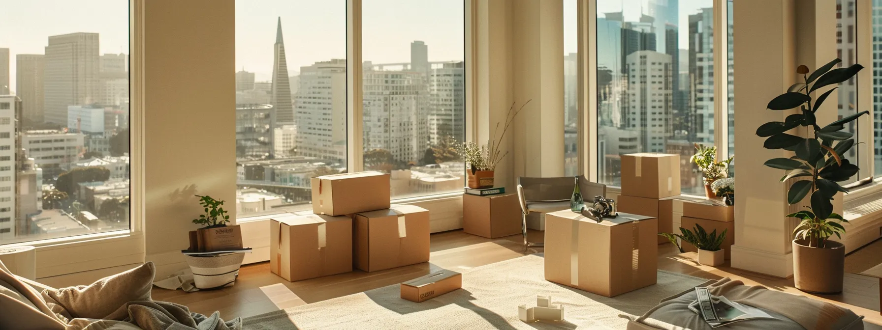 unpacking boxes in a sunlit living room with views of san francisco's bustling downtown below. unpacking boxes in a sunlit living room with views of san francisco's bustling downtown below.