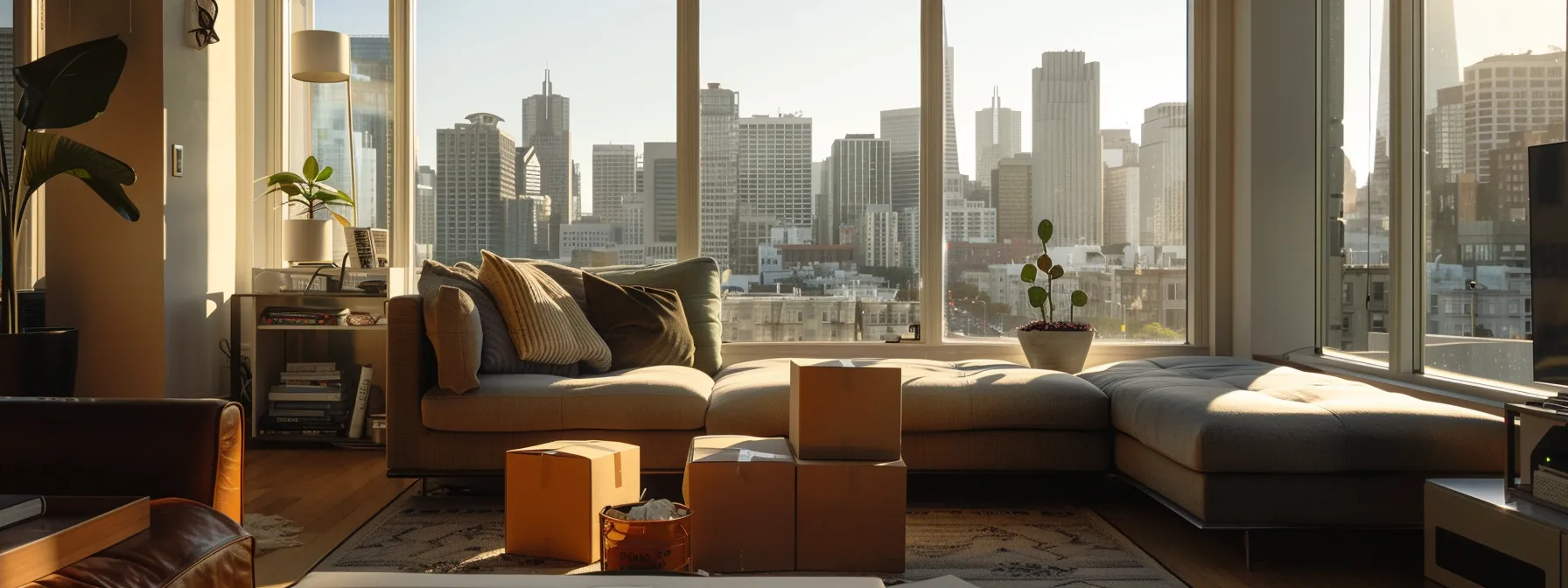 unpacking boxes in a sunlit living room overlooking the iconic skyline of downtown san francisco. unpacking boxes in a sunlit living room overlooking the iconic skyline of downtown san francisco.