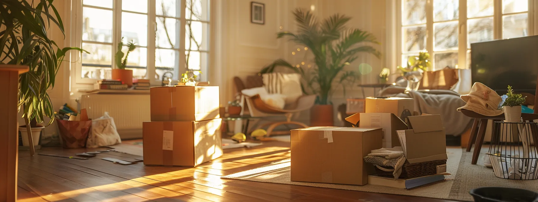 unpacking boxes in a sunlit living room, with scattered belongings creating a cozy and homely atmosphere. unpacking boxes in a sunlit living room, with scattered belongings creating a cozy and homely atmosphere.