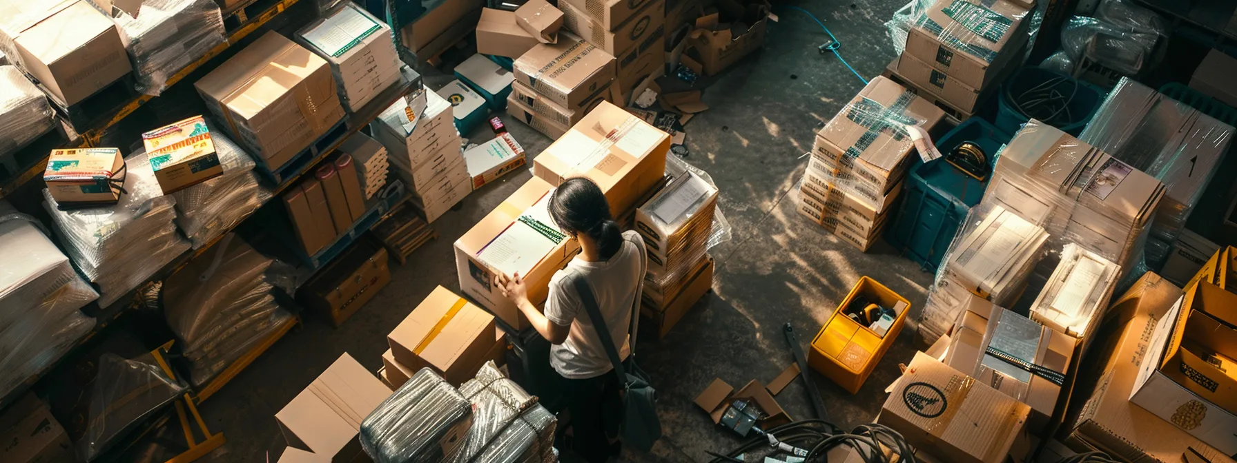 a woman in a busy warehouse in orange county, surrounded by various shipping packages, meticulously checking labels for compliance with regulations. a woman in a busy warehouse in orange county, surrounded by various shipping packages, meticulously checking labels for compliance with regulations.