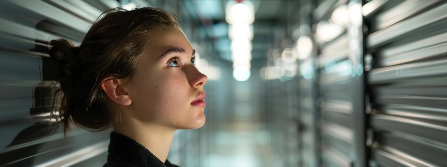 a woman with a thoughtful expression carefully inspects a state-of-the-art climate-controlled storage unit in downtown san francisco. a woman with a thoughtful expression carefully inspects a state-of-the-art climate-controlled storage unit in downtown san francisco.