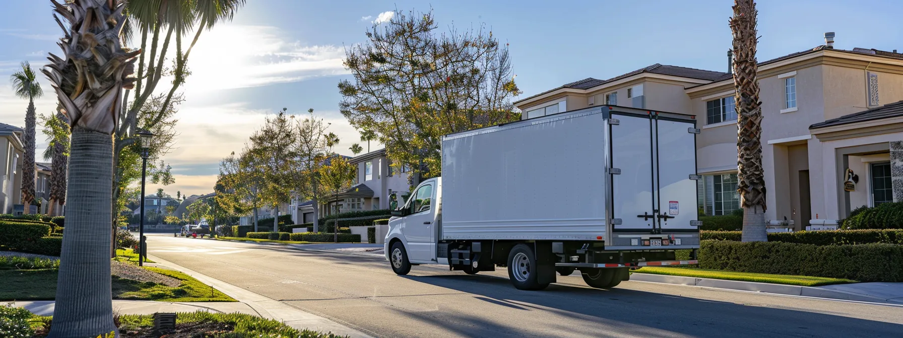 an eco-friendly moving truck parked in a sunny orange county neighborhood, showcasing a green approach to reducing carbon footprint on moving day.
