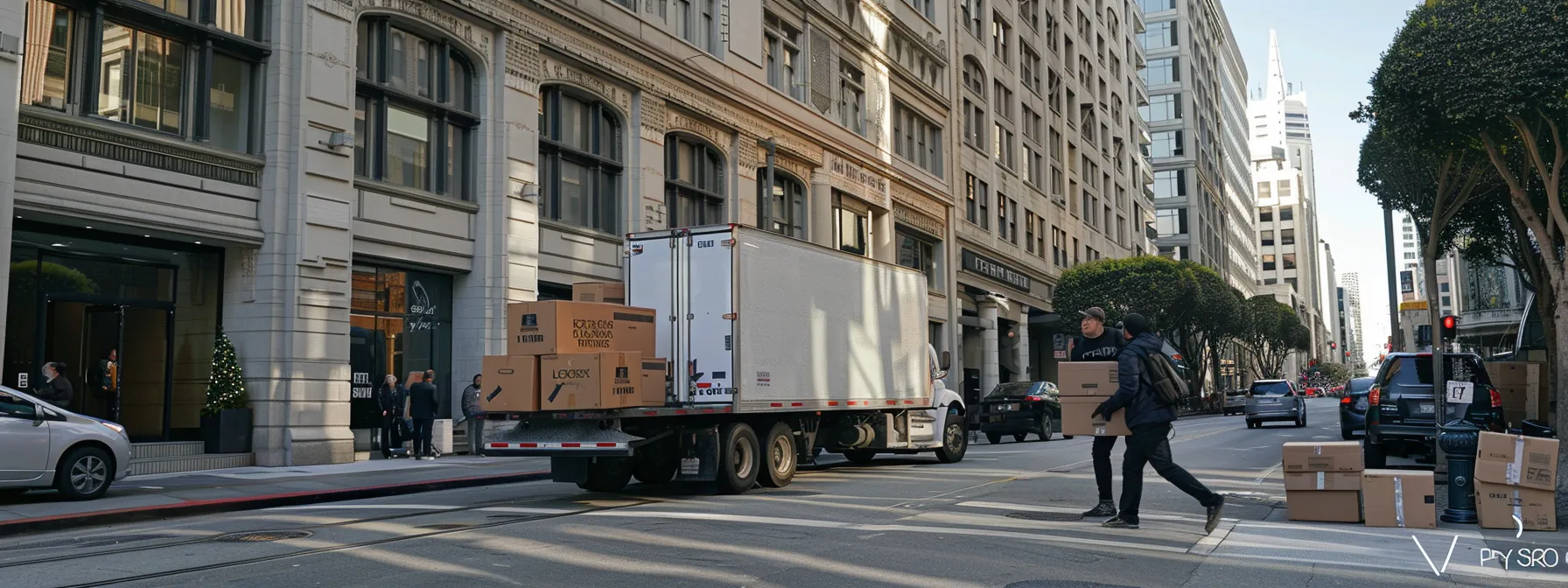 an expert moving crew carefully loading boxes onto a truck in downtown san francisco, ensuring a secure and efficient relocation process. (geo-tag: 37.7749° n, 122.4194° w) an expert moving crew carefully loading boxes onto a truck in downtown san francisco, ensuring a secure and efficient relocation process. (geo-tag: 37.7749° n, 122.4194° w)