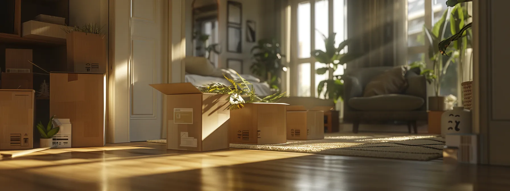 efficiently packed moving boxes with eco-friendly cushioning in a modern urban apartment setting. efficiently packed moving boxes with eco-friendly cushioning in a modern urban apartment setting.