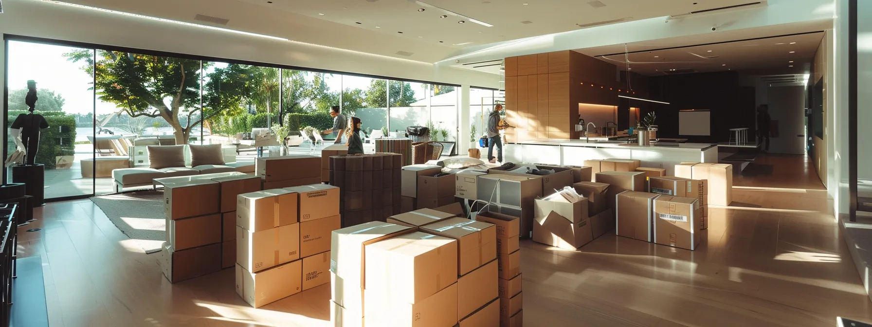 a group of professional movers carefully packing boxes in a modern orange county home, showcasing efficiency and organization in irvine, ca (33.6846° n, 117.8265° w).