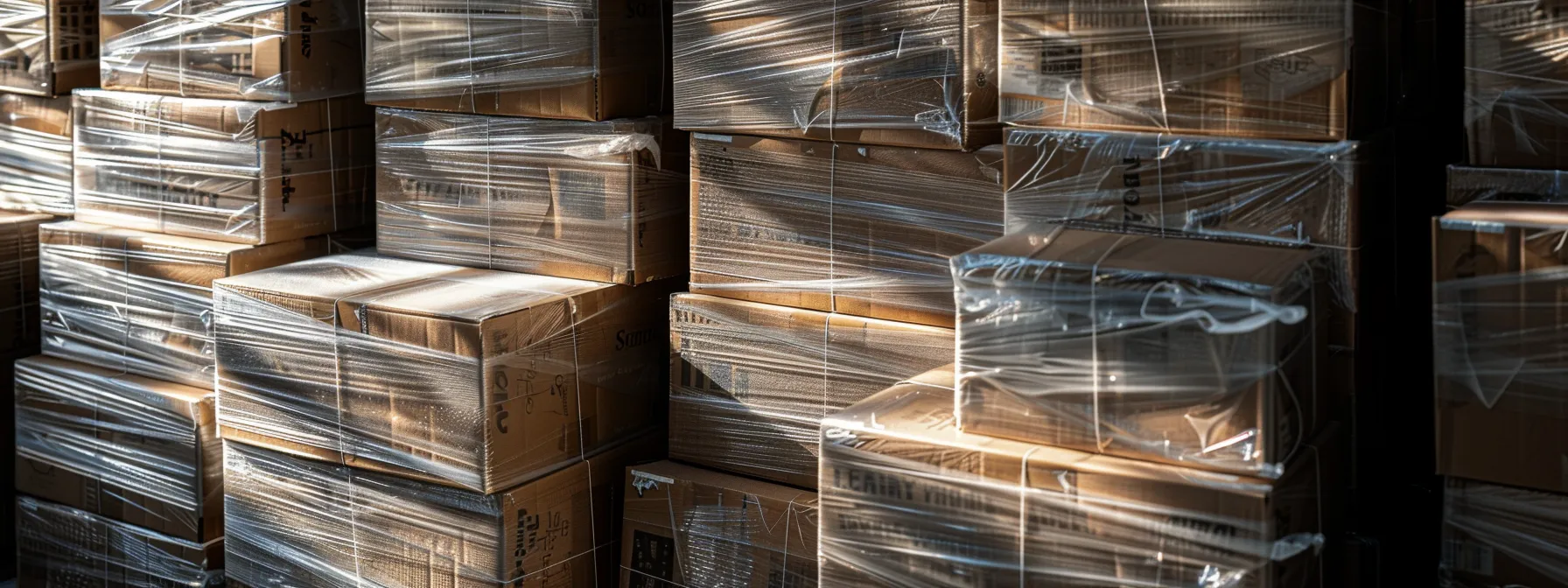 inside a tidy, climate-controlled storage unit in irvine, ca, a stack of neatly packed boxes wrapped in protective materials and organized for easy access, ensuring maximum safety for stored items.