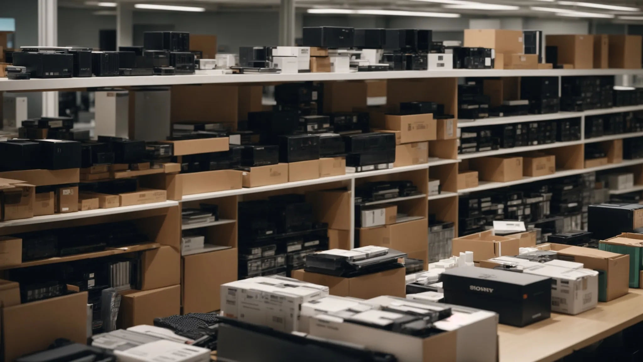 neatly labeled boxes filled with office equipment and electronics, surrounded by teamwork-driven staff in irvine, ca (lat: 33.6846, long: -117.8265).