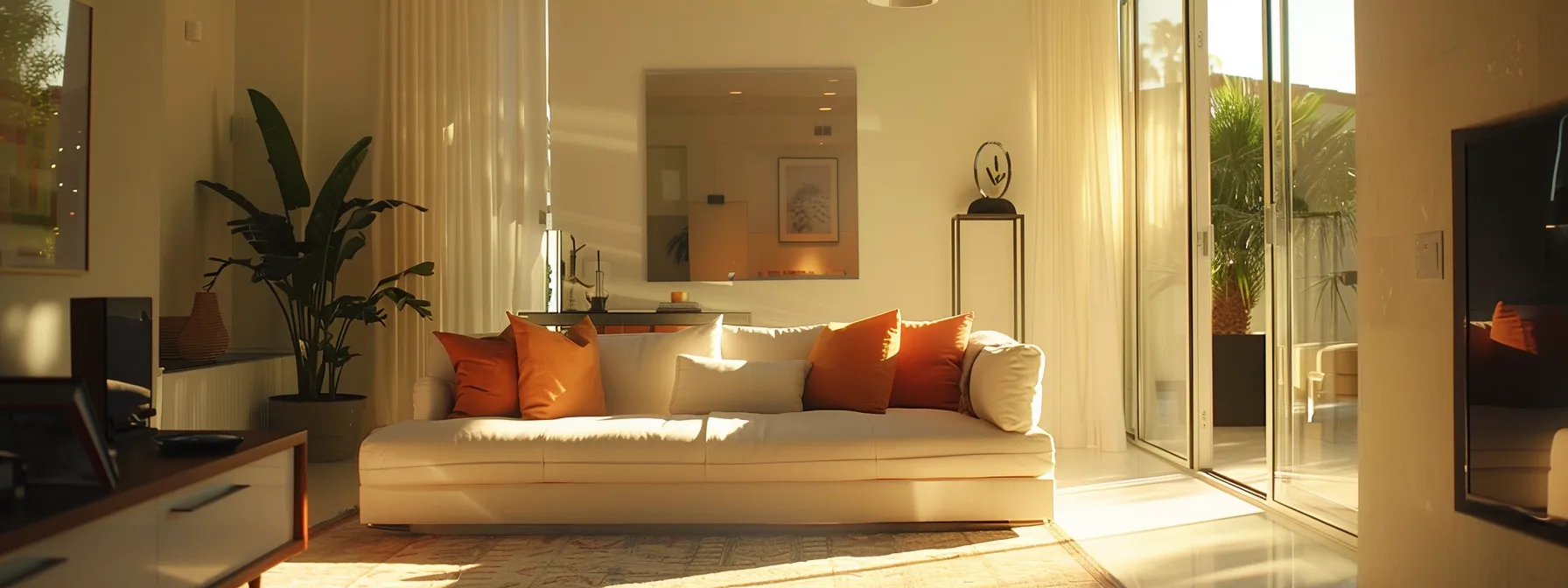 a brightly lit living room with a sleek, modern sofa being carefully moved by expert movers in los angeles.