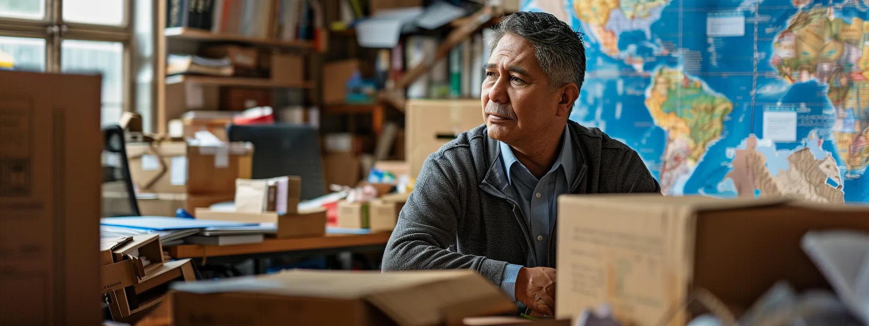 a business owner in orange county, surrounded by moving boxes and a map of international destinations, discussing relocation strategies with a tech-savvy consultant. a business owner in orange county, surrounded by moving boxes and a map of international destinations, discussing relocation strategies with a tech-savvy consultant.