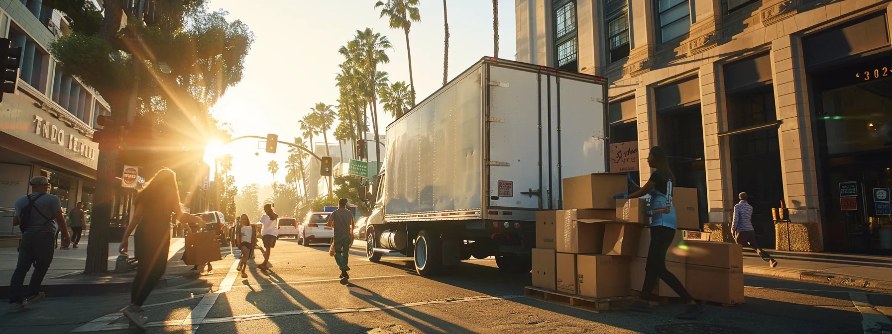 a bustling moving team swiftly loading boxes into a moving truck on a sunny los angeles street, embodying efficient and seamless same-day service. a bustling moving team swiftly loading boxes into a moving truck on a sunny los angeles street, embodying efficient and seamless same-day service.