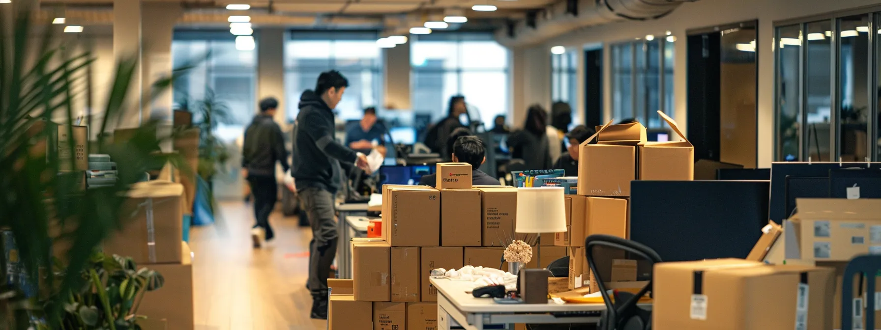 a bustling office filled with movers packing boxes, coordinating logistics, and discussing moving details with business professionals, showcasing a seamless and efficient start to the office move process.