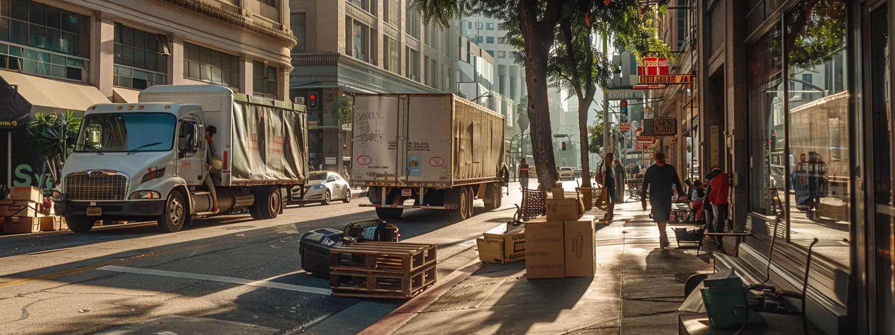 a bustling street in los angeles with a moving truck parked outside a high-rise building, as movers hurriedly carry out furniture and boxes into the building. a bustling street in los angeles with a moving truck parked outside a high-rise building, as movers hurriedly carry out furniture and boxes into the building.