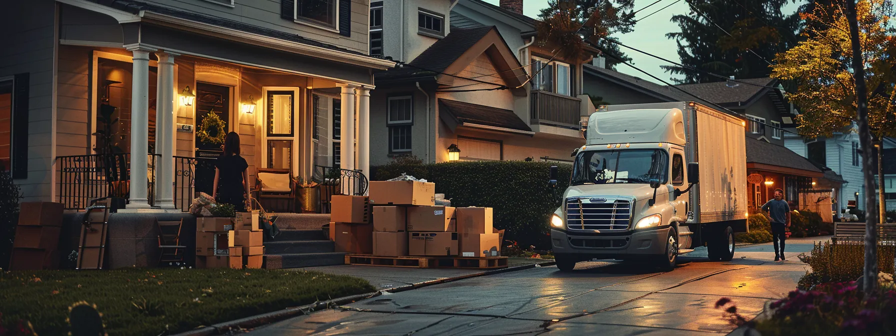 a busy moving truck parked in front of a suburban home, surrounded by boxes and furniture, as a family watches movers load their belongings. a busy moving truck parked in front of a suburban home, surrounded by boxes and furniture, as a family watches movers load their belongings.