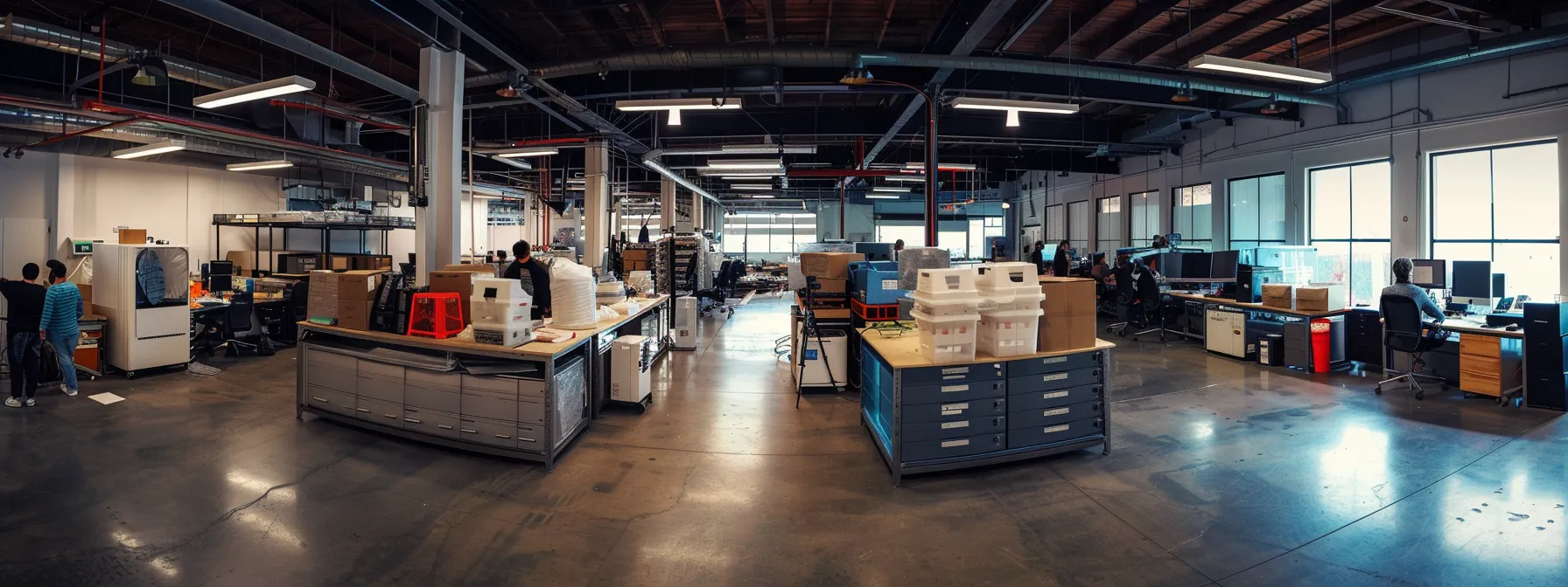 a busy office space in los angeles with employees setting up temporary workstations and testing systems after a relocation to ensure minimal downtime.