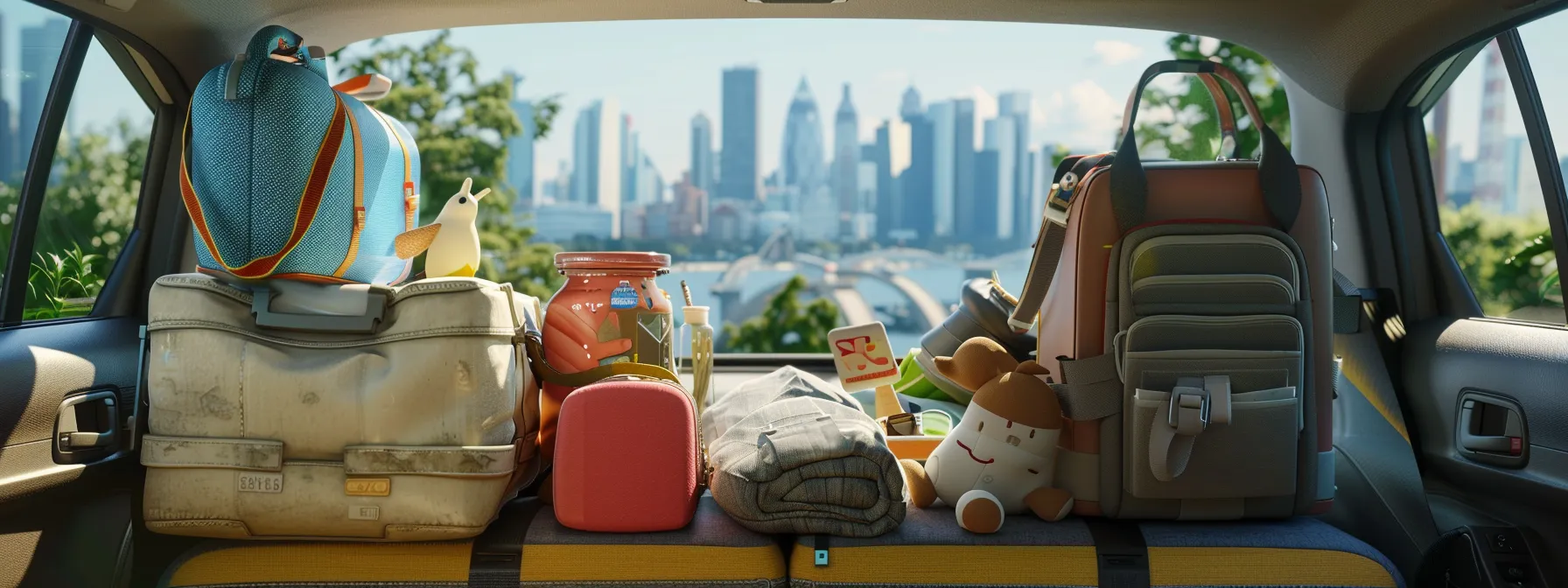 a car packed with essential travel items and heading towards a new home in a distant city, with a scenic landscape in the background. a car packed with essential travel items and heading towards a new home in a distant city, with a scenic landscape in the background.