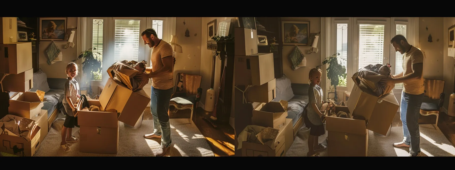 a cheerful family surrounded by moving boxes, smiling as professional movers efficiently handle the packing and unpacking process. a cheerful family surrounded by moving boxes, smiling as professional movers efficiently handle the packing and unpacking process.