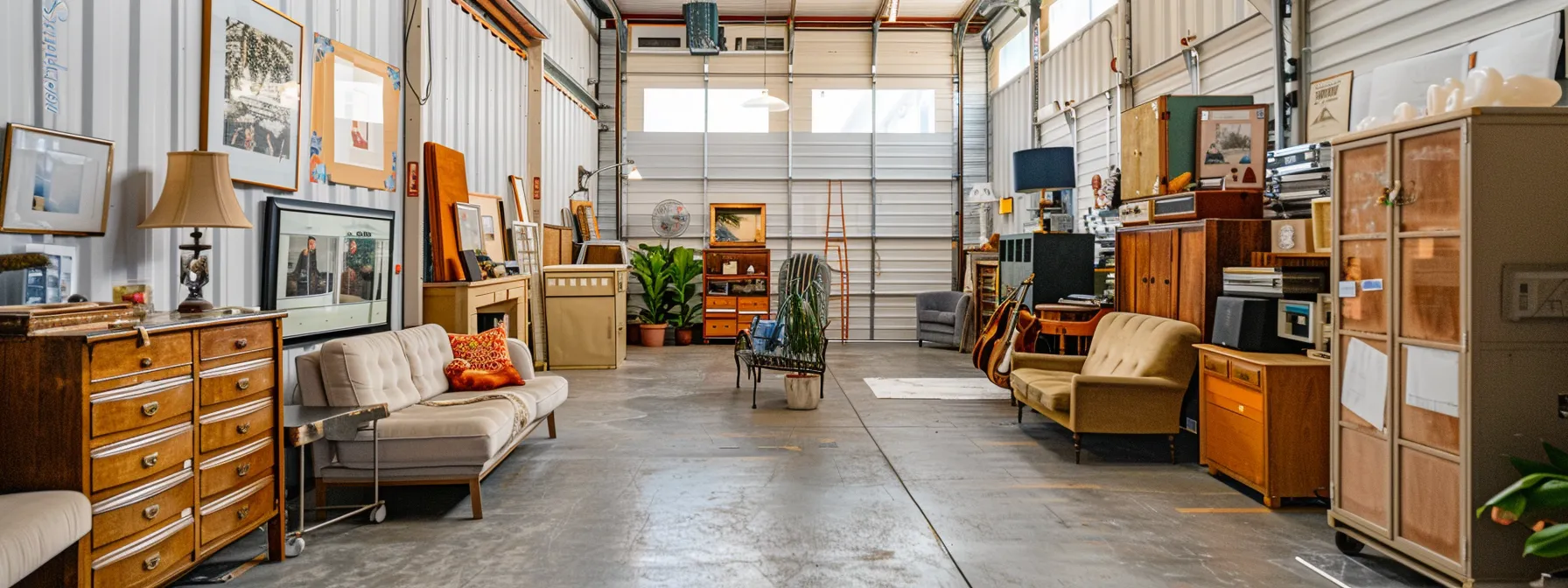 a climate-controlled storage unit in orange county showcasing a mix of antiques, fine art, electronics, documents, musical instruments, and wooden furniture neatly arranged to highlight the facility's protective benefits.
