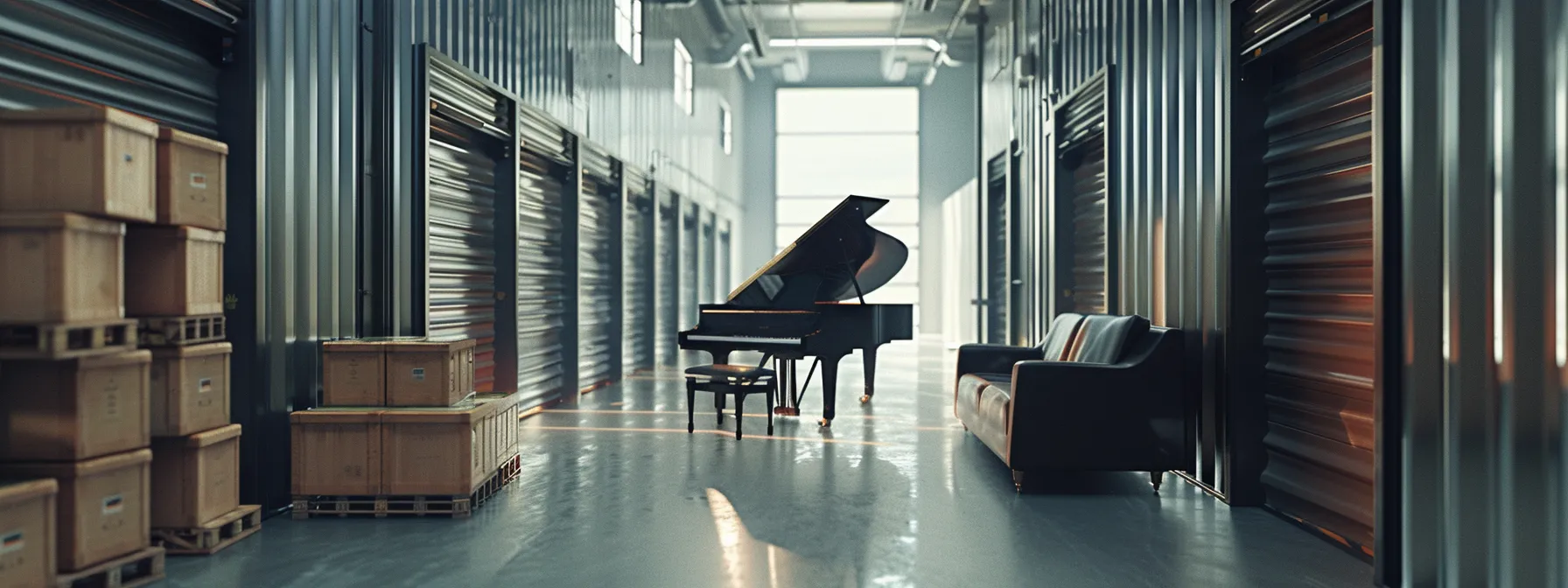 a climate-controlled storage unit filled with neatly stacked furniture and a grand piano, showcasing a secure environment protecting belongings from extreme temperatures and humidity.
