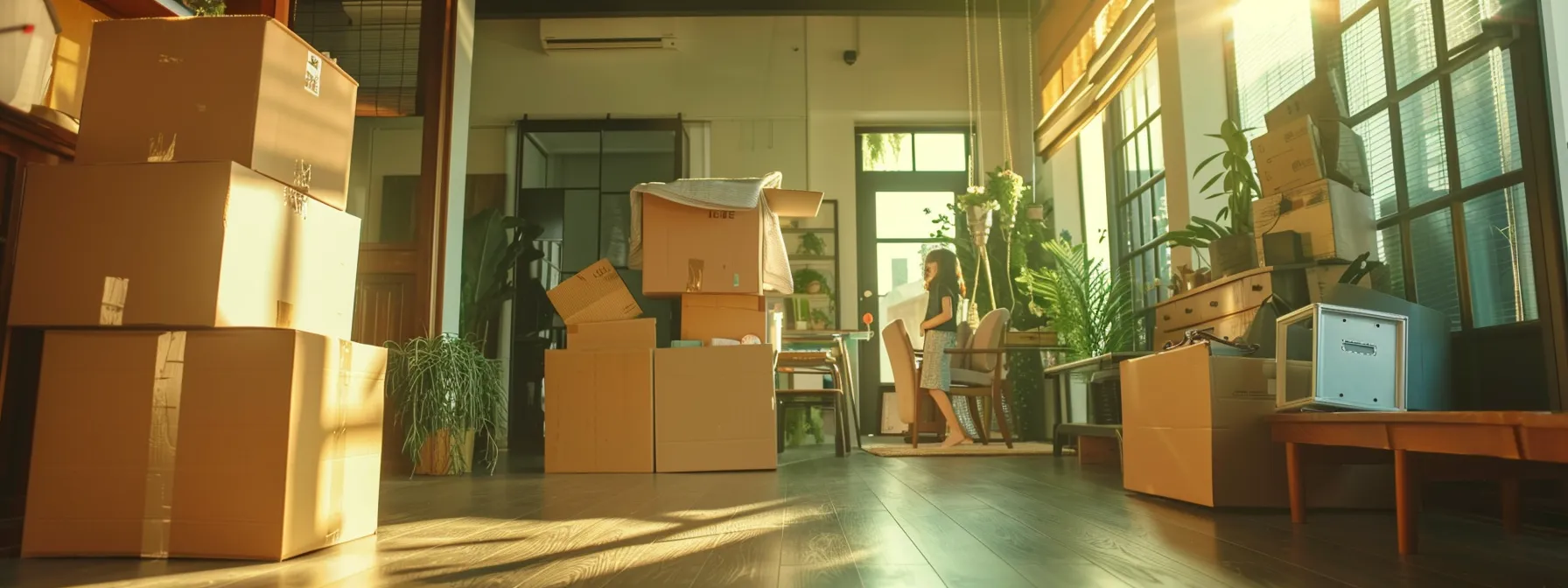 a clutter-free room with carefully packed boxes, a moving truck parked outside, and a family happily loading their belongings, showcasing effective strategies to maximize savings on a small move.