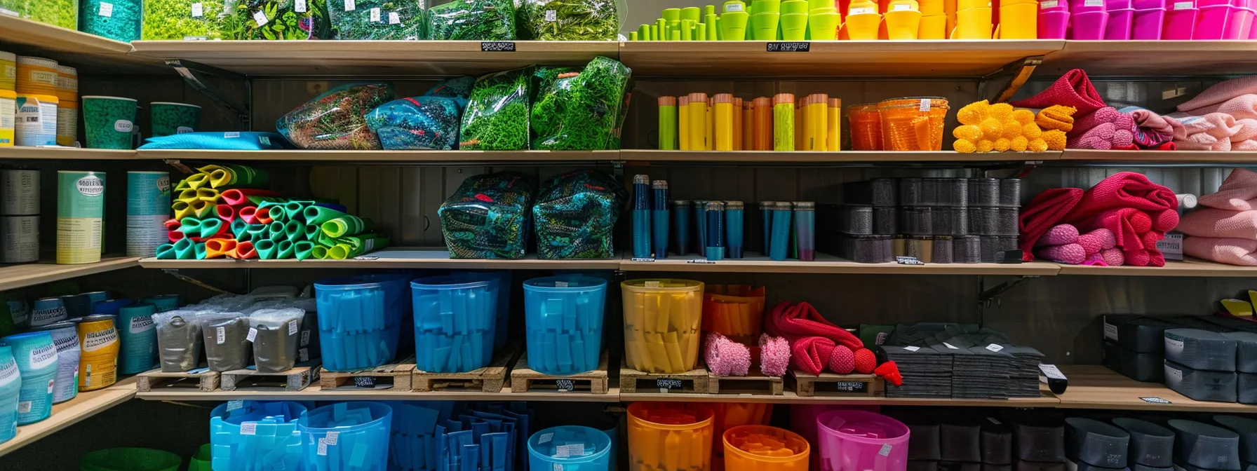 a colorful display of eco-friendly packing materials at a local los angeles store, showcasing biodegradable options and recycled supplies to promote sustainability.