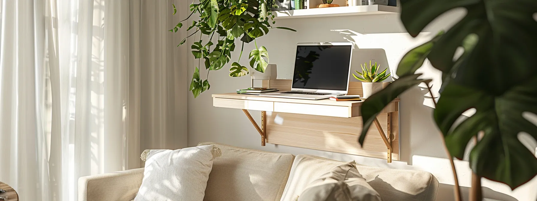 a compact, wall-mounted desk is neatly folded up against the wall in a bright and airy los angeles living room, showcasing efficient space-saving furniture. a compact, wall-mounted desk is neatly folded up against the wall in a bright and airy los angeles living room, showcasing efficient space-saving furniture.