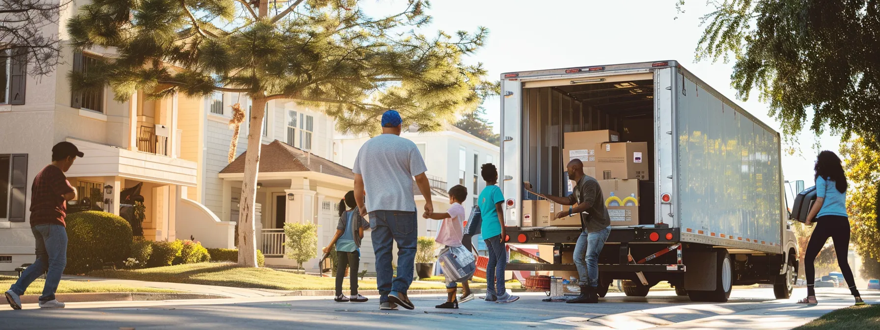 a content family watching professional movers efficiently load their belongings into a moving truck, with a peaceful los angeles neighborhood in the background. a content family watching professional movers efficiently load their belongings into a moving truck, with a peaceful los angeles neighborhood in the background.