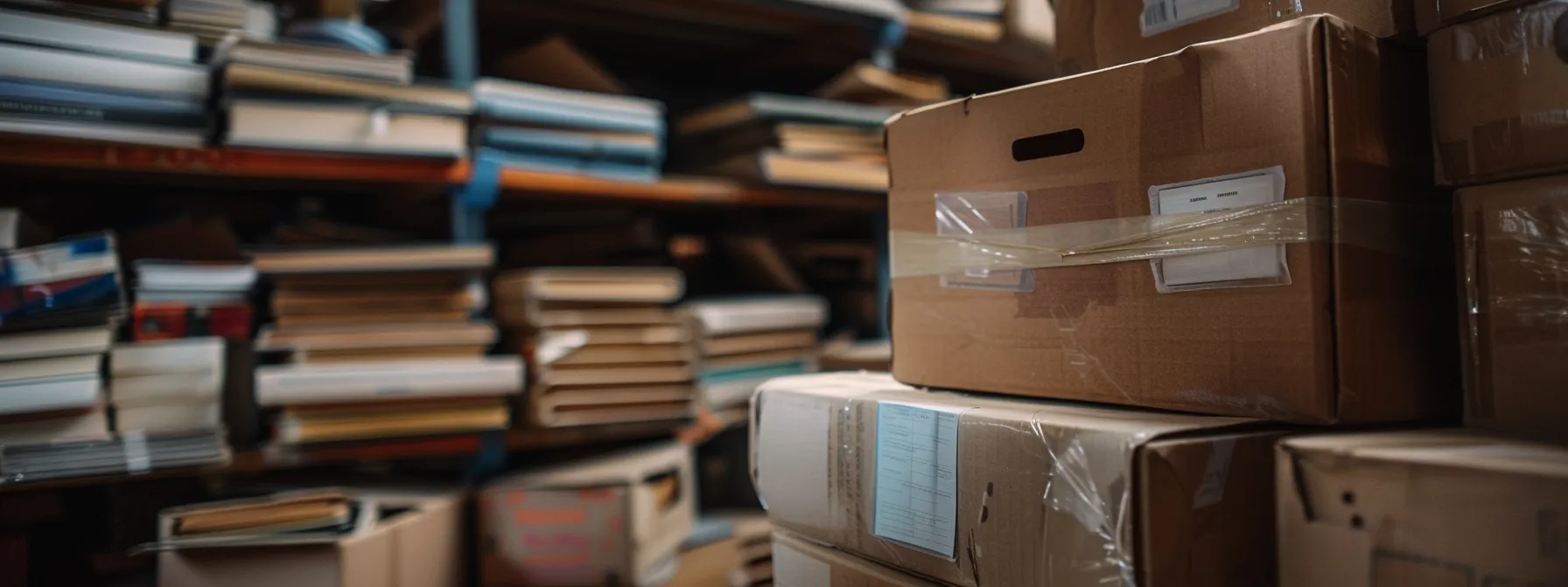 a corrugated cardboard box filled with neatly stacked books, labeled and ready for a move, sits against a backdrop of moving supplies, showcasing efficient packing strategies to save money.