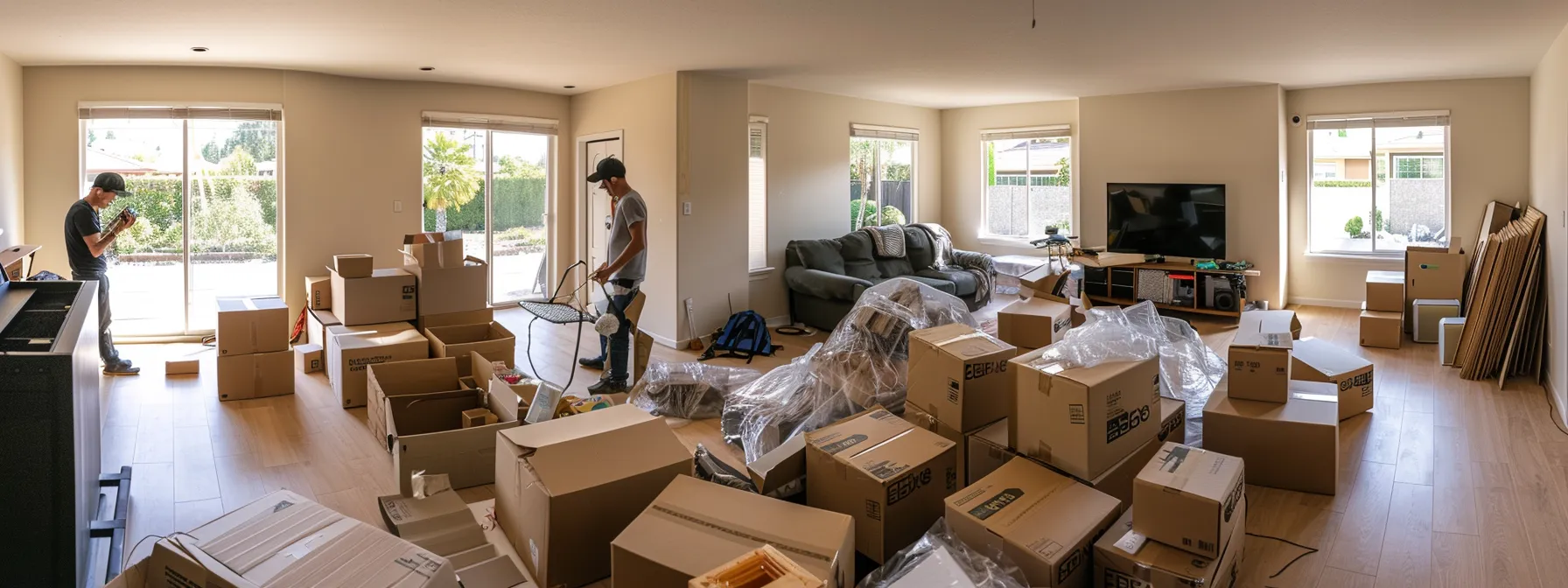 a couple carefully packing labeled boxes in their spacious irvine, ca home, preparing for a successful cross country move. a couple carefully packing labeled boxes in their spacious irvine, ca home, preparing for a successful cross country move.
