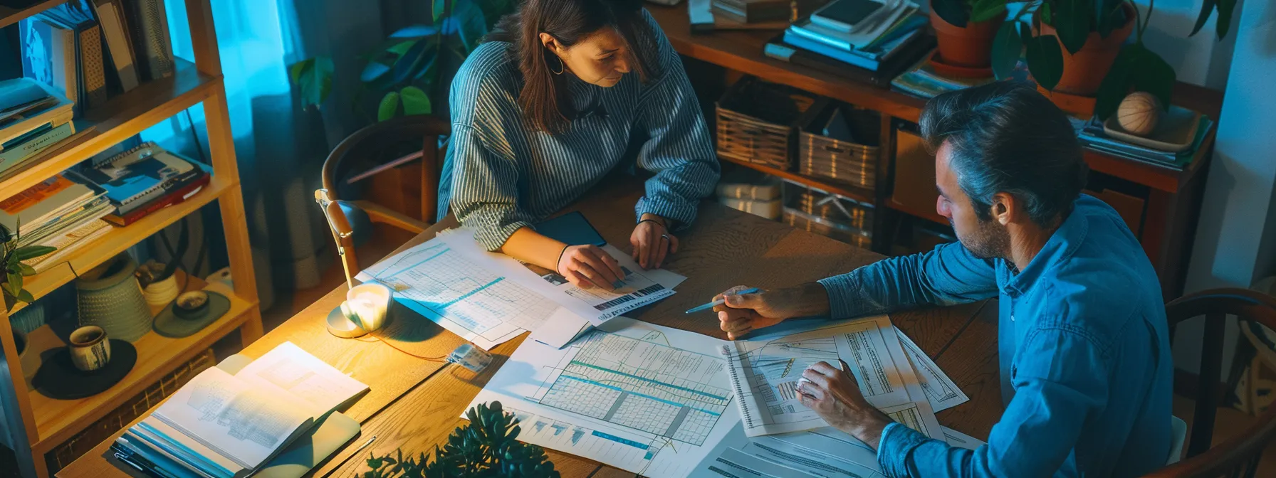 a couple carefully reviewing a detailed moving budget spreadsheet on their dining table, with a map of irvine, ca in the background. a couple carefully reviewing a detailed moving budget spreadsheet on their dining table, with a map of irvine, ca in the background.