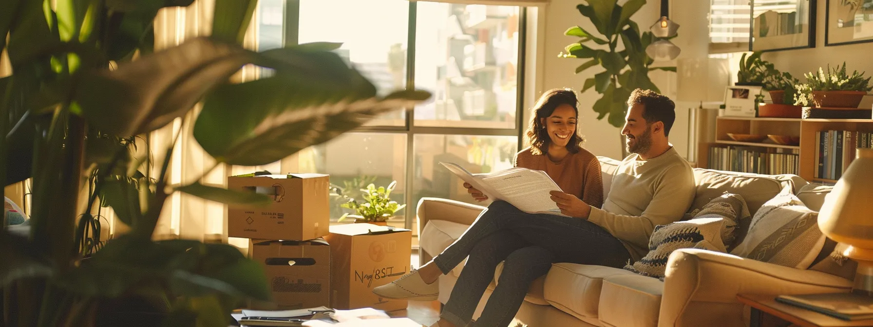 a couple happily reviewing a detailed contract with a professional mover in a bright, organized living room filled with moving boxes.