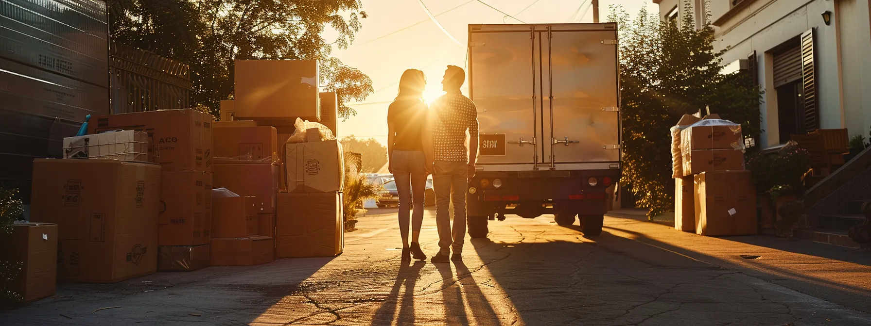 a couple standing in front of a moving truck loaded with boxes and furniture, with the sun setting in the background, showcasing the preparation and organization needed for a successful long-distance move.