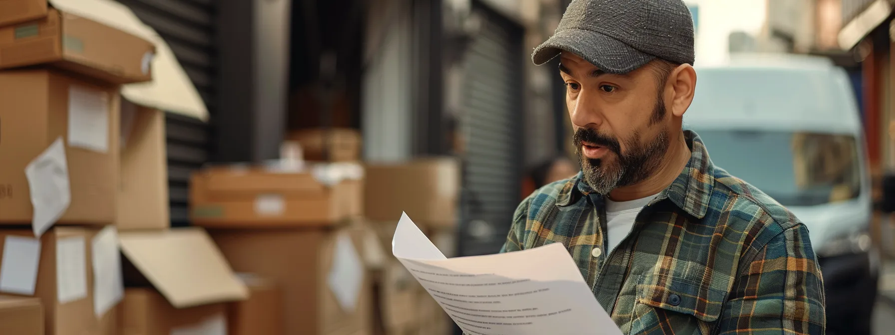 a customer scrutinizing a contract with a wary expression, surrounded by stacks of moving boxes and a moving truck in the background, representing caution amid the excitement of a moving day.