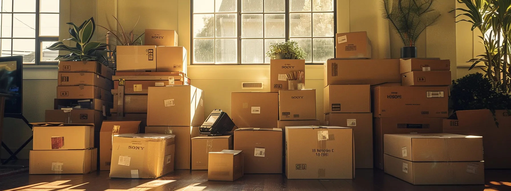 a diverse collection of labeled boxes stacked neatly in a sunlit room, ready for an organized and efficient unpacking process in a new los angeles home.