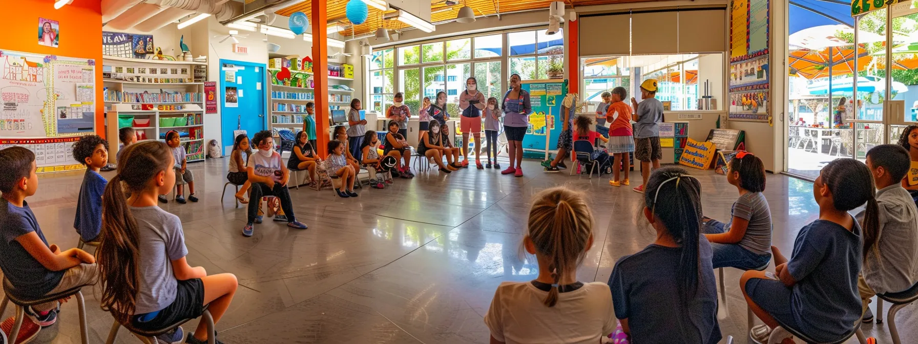 a diverse group of children happily learning and playing in a vibrant classroom setting in los angeles, while parents discuss education and childcare options in the background.