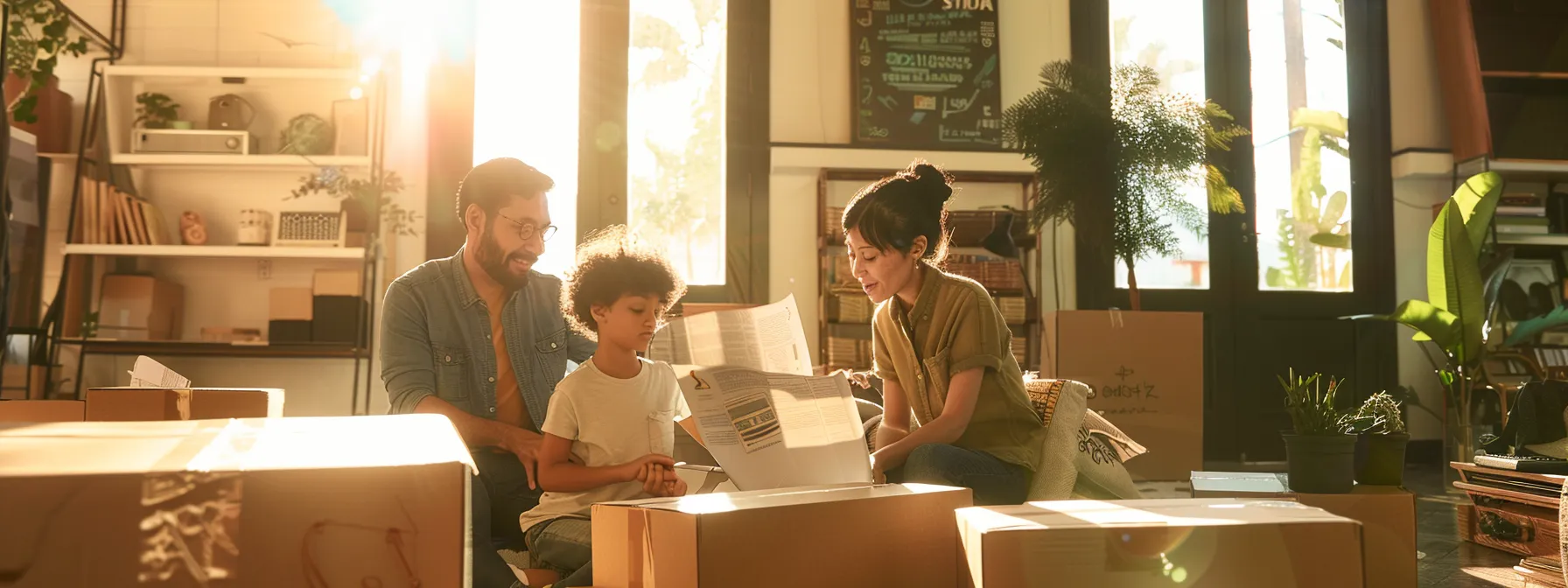 a family carefully comparing detailed estimates and services from various movers in los angeles, surrounded by moving boxes and packing supplies.