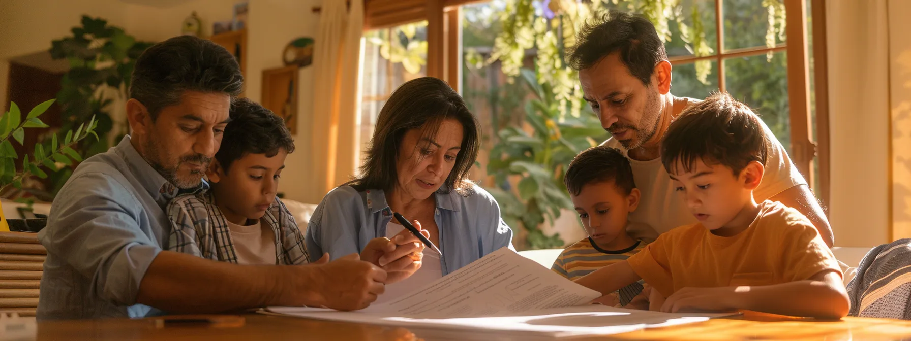 a family carefully reviewing a written contract with a trustworthy moving company in their los angeles home. a family carefully reviewing a written contract with a trustworthy moving company in their los angeles home.