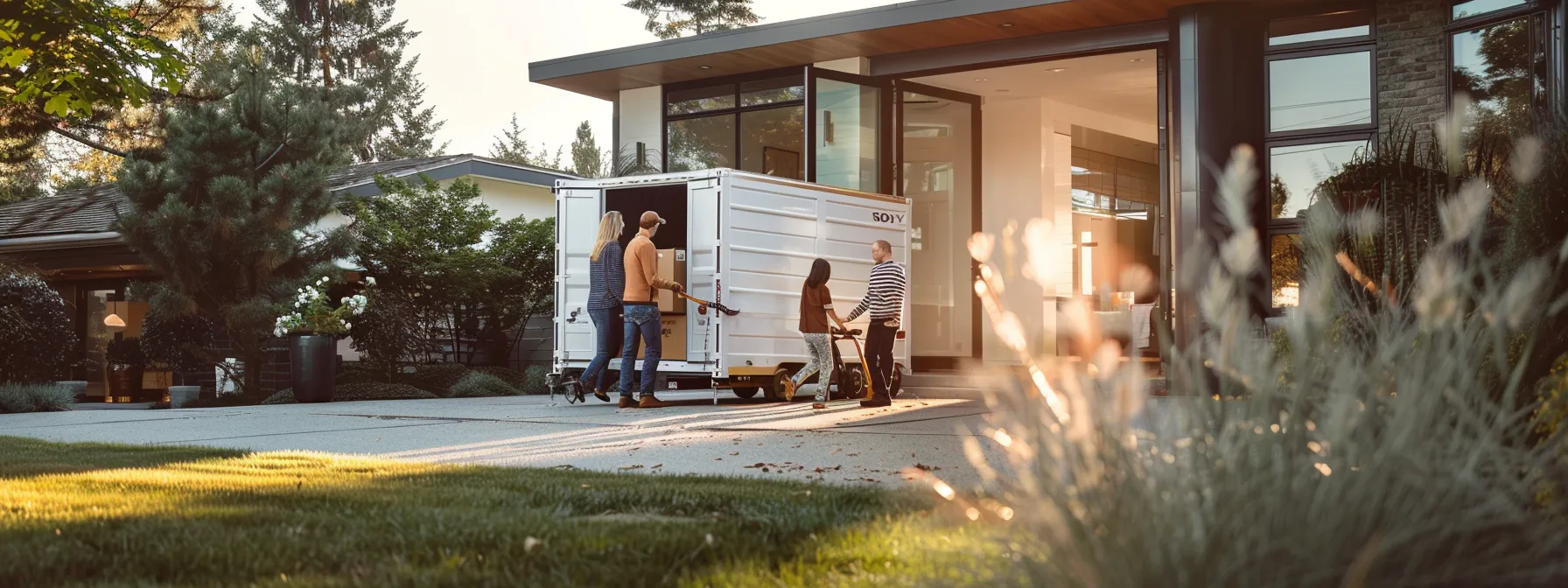 a family cheerfully loading a portable storage container in front of their home on moving day. a family cheerfully loading a portable storage container in front of their home on moving day.