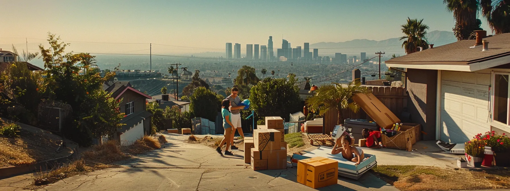 a family cheerfully packing boxes with a scenic los angeles backdrop, preparing for a stress-free and organized move. a family cheerfully packing boxes with a scenic los angeles backdrop, preparing for a stress-free and organized move.