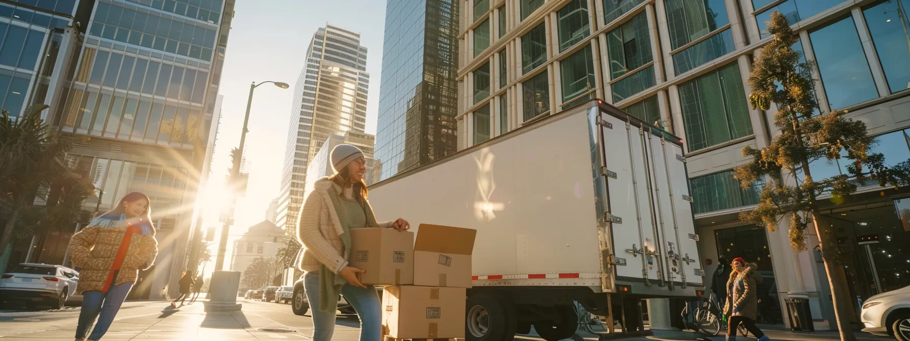 a family cheerfully unloading boxes from a moving truck in front of a modern high-rise building in downtown los angeles.