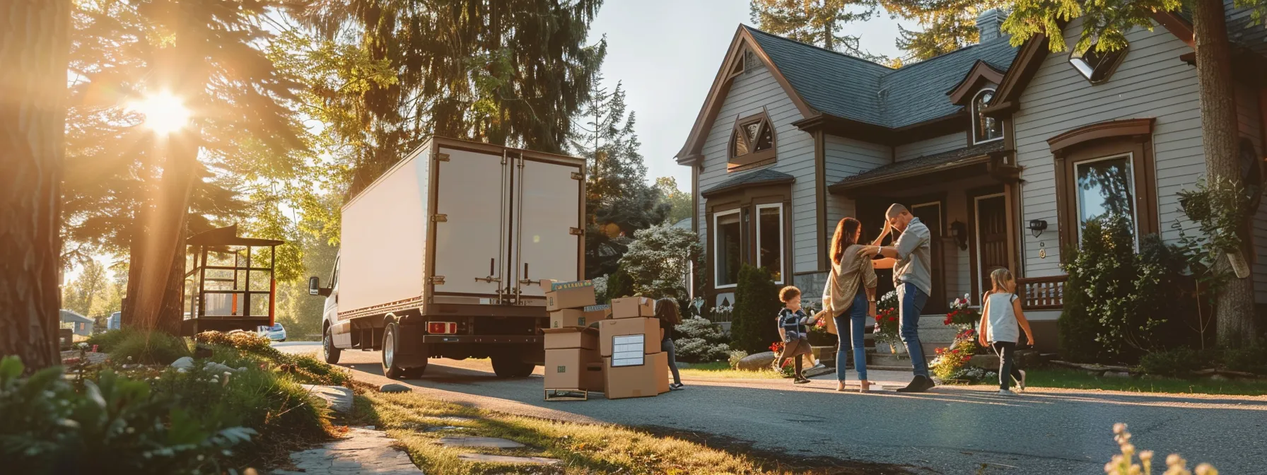 a family happily crossing off items on a moving day checklist with a scenic moving truck in the background.