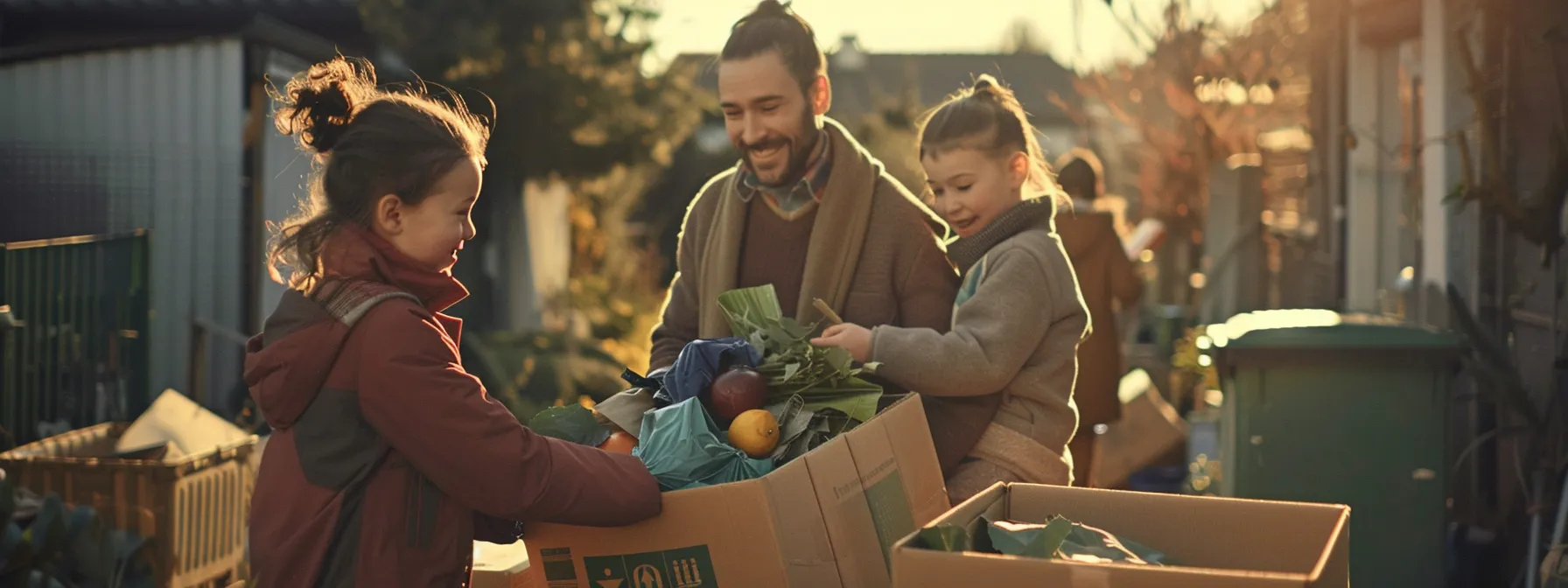 a family happily donating boxes of unwanted items to a local charity, with a recycling center and compost bin in the background.