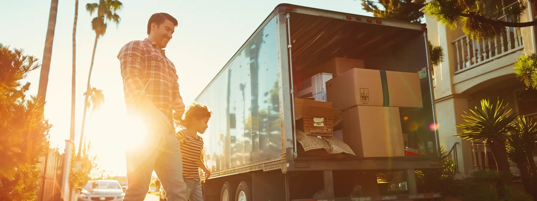 a family happily loading only essential items into a moving truck on a sunny day in los angeles, focused on maximizing cost savings.