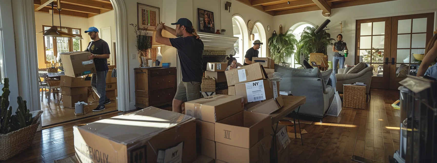 a family happily packing boxes with professional movers in action in the background for a stress-free moving day. a family happily packing boxes with professional movers in action in the background for a stress-free moving day.