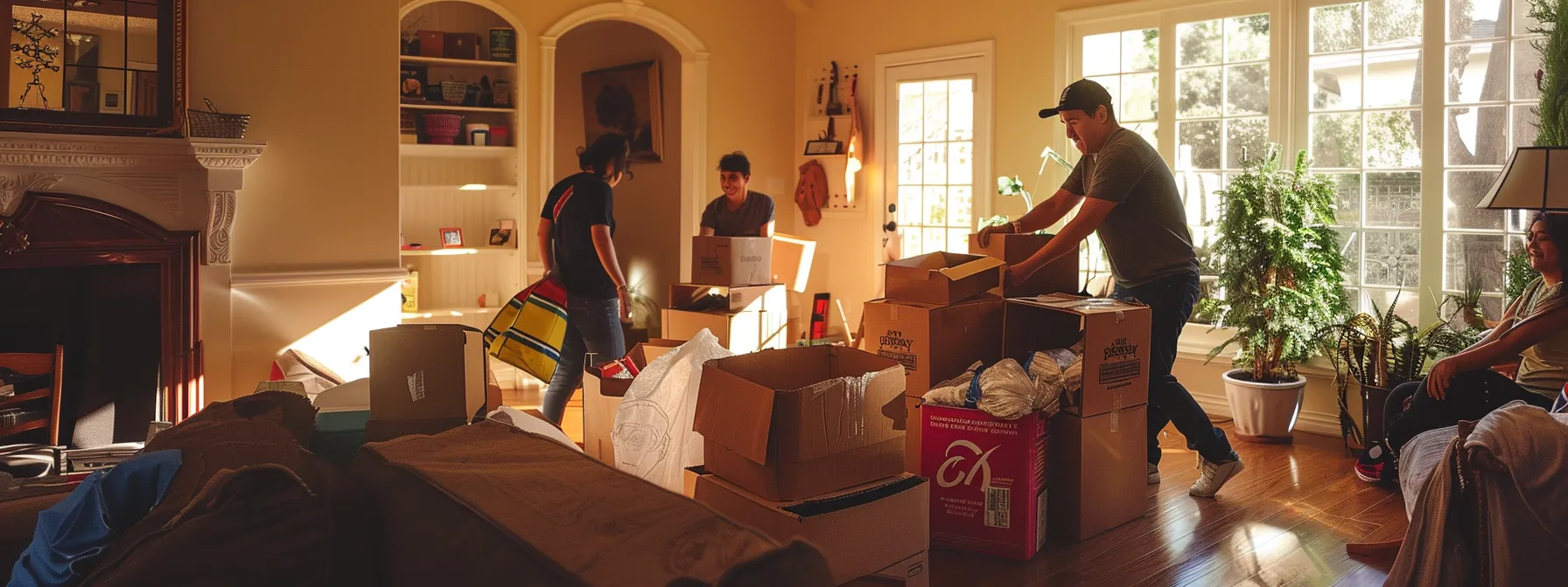 a family happily packing boxes with the help of professional movers in preparation for their stress-free los angeles move. a family happily packing boxes with the help of professional movers in preparation for their stress-free los angeles move.