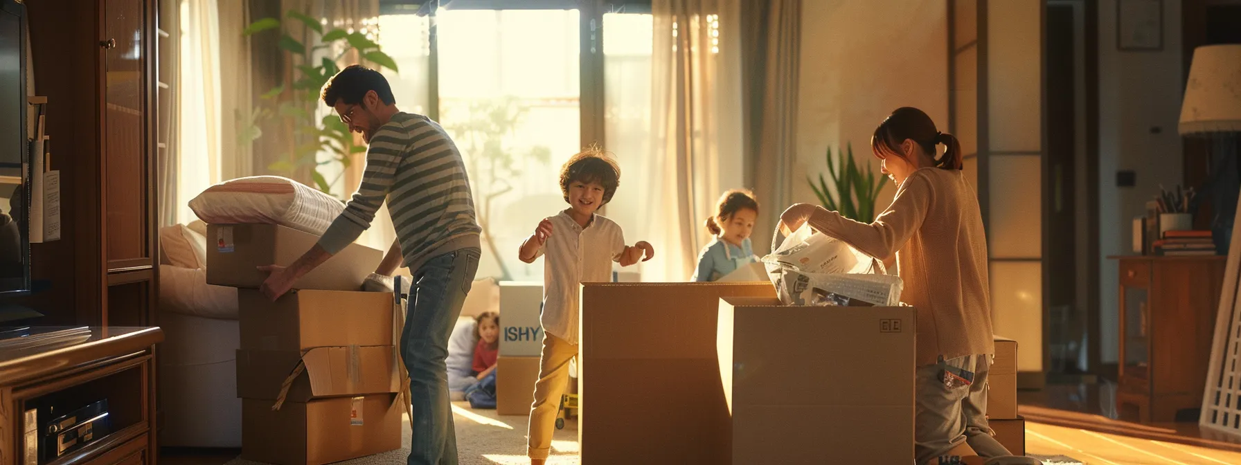a family happily packing their belongings with professional movers in action, ensuring a stress-free and smooth moving process.