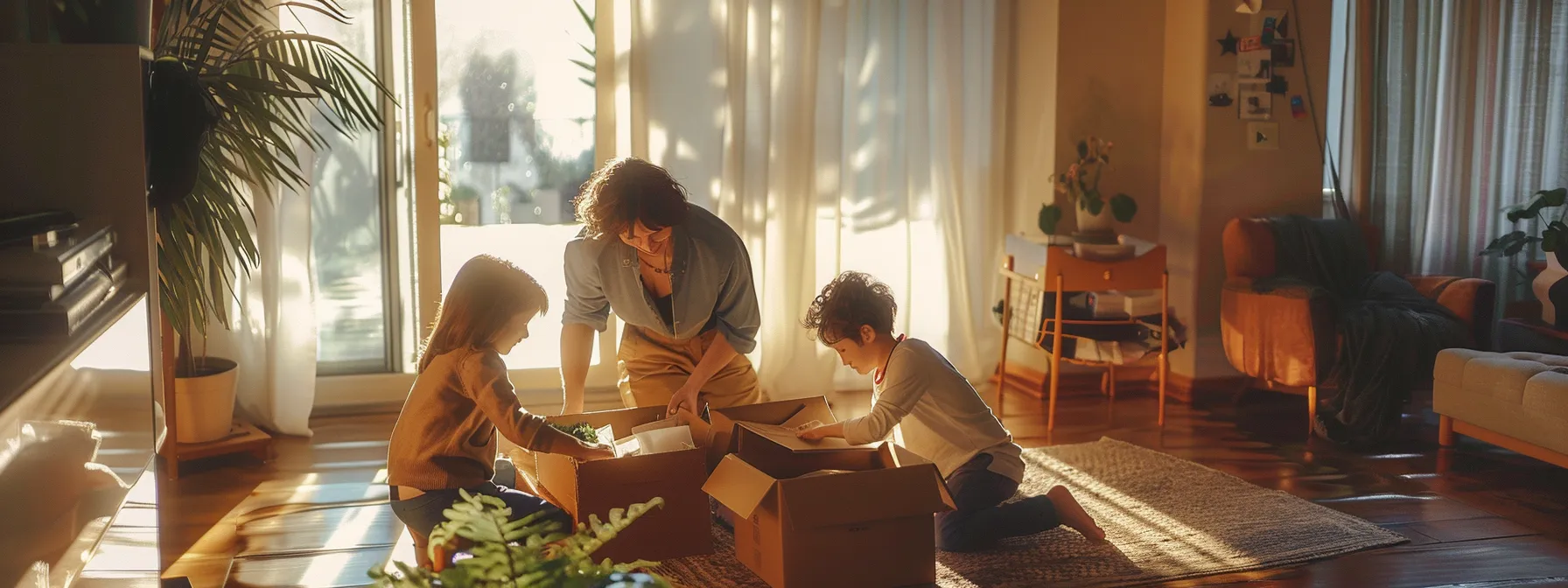a family happily sorting and donating items in a bright, eco-friendly living room in preparation for an eco-conscious move in los angeles. a family happily sorting and donating items in a bright, eco-friendly living room in preparation for an eco-conscious move in los angeles.